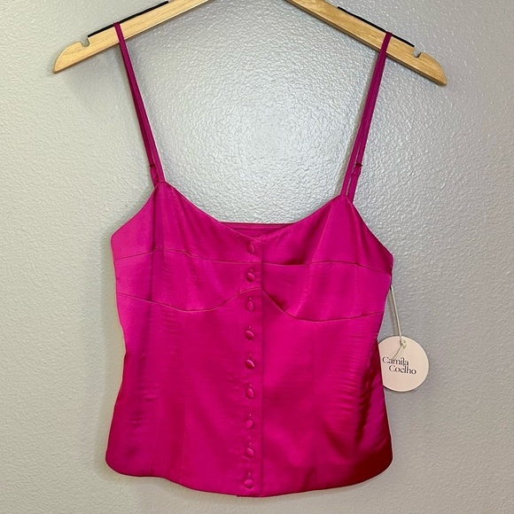 NWT Camila Coelho Polly Satin Button Front Camisole Top Very Berry Bright Pink - Picture 3 of 9